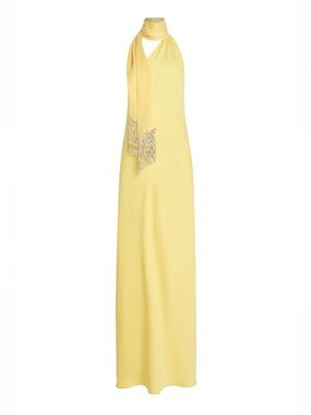 Yellow Halter Maxi Dress with Fringe Scarf